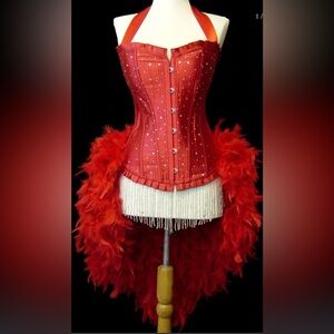 Red Corset Burlesque with Feather Train Showgirl Las Vegas Festival